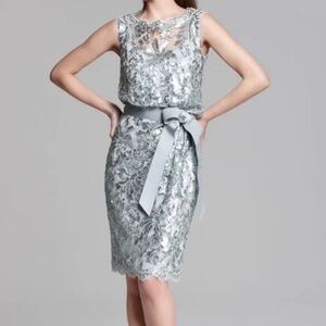 Tadashi Shoji sequin lace blouson dress with sash